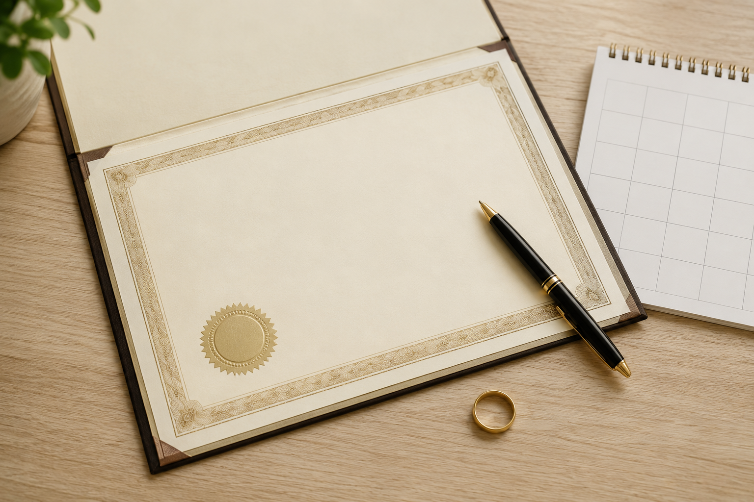 Marriage license documents and wedding ring on desk