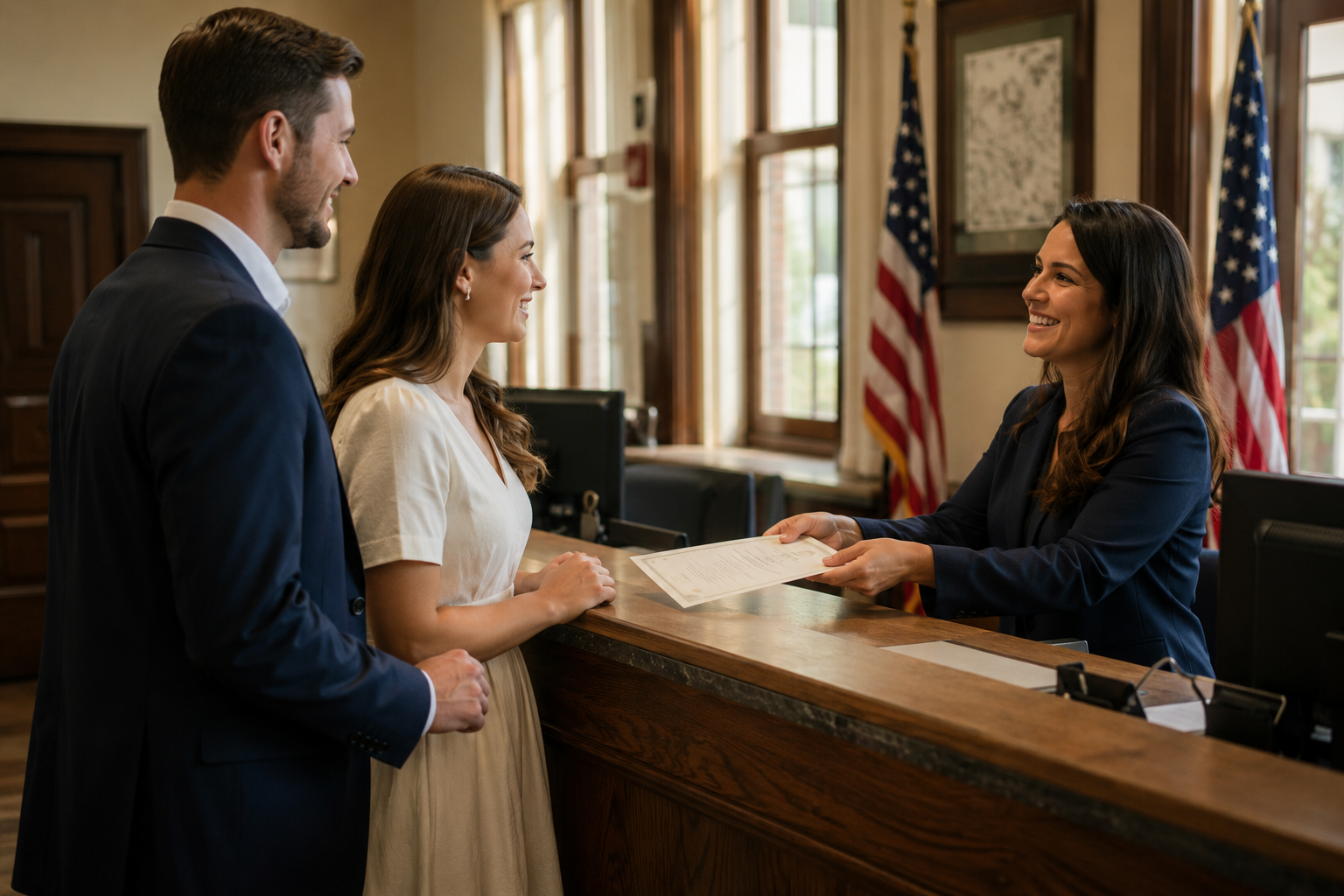 Couple reviewing documents at a county clerk's office window